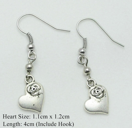 Tibetan Silver Flower Love Heart Charm Drop Dangle Hook Earrings