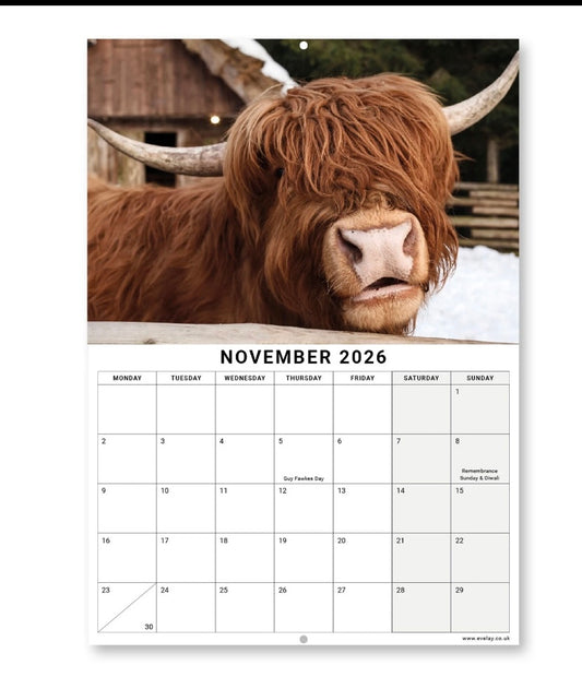2026 Highland Cow Calendar Wall Monthly Planner Family Home Organiser