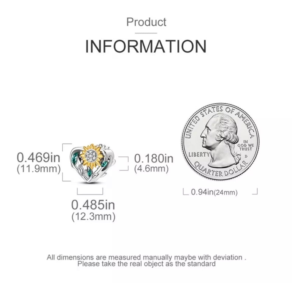 Blooming Sunflower Heart Charm For European Bracelets S925 Sterling Silver
