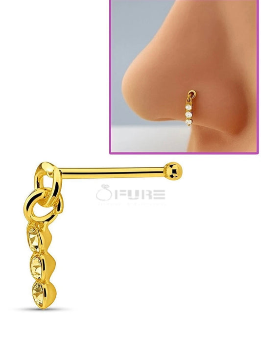 Gold Sterling Silver Dangling Nose Ring with 3 Clear Stones | Hypoallergenic