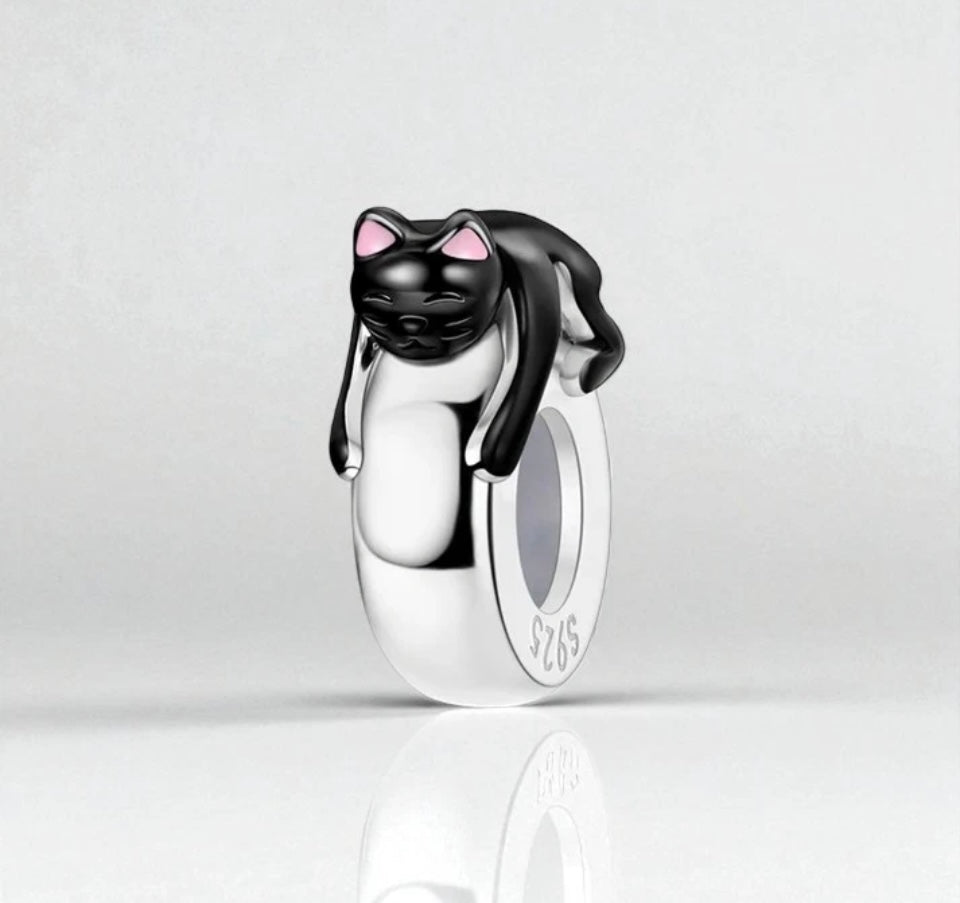 Cute Black Cat Stopper For Bracelets S925 Sterling Silver