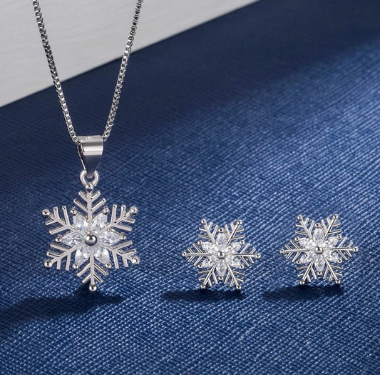925 Sterling Silver Snowflake Flower CZ Crystal Necklace Earrings Set