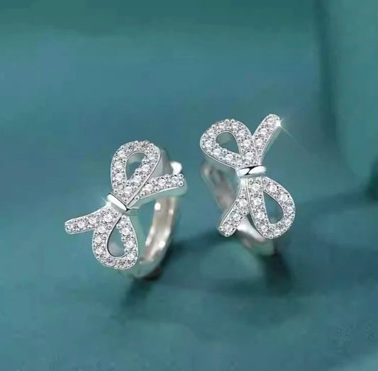 925 Sterling Silver Bow Knot CZ Crystal Hoop Circle Ring Huggie Earrings
