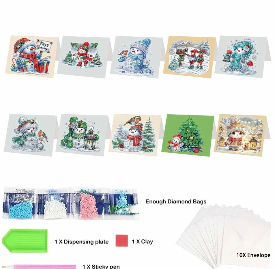 10pcs Christmas Snowman Greeting Card Kit, DIY Festive Diamond Art Kit