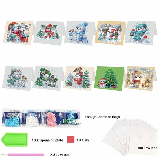 10pcs Christmas Snowman Greeting Card Kit, DIY Festive Diamond Art Kit
