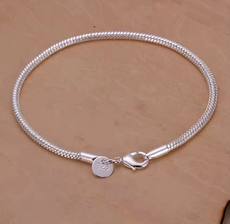 Fashion Jewellery 925 Sterling Silver Snake Chain Charm Bracelet 20cm