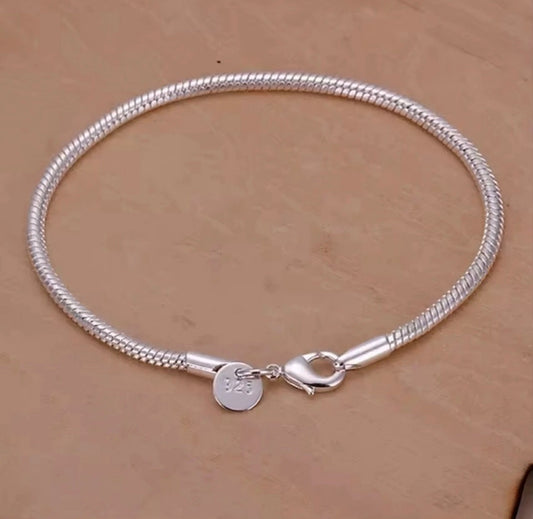 Fashion Jewellery 925 Sterling Silver Snake Chain Charm Bracelet 20cm