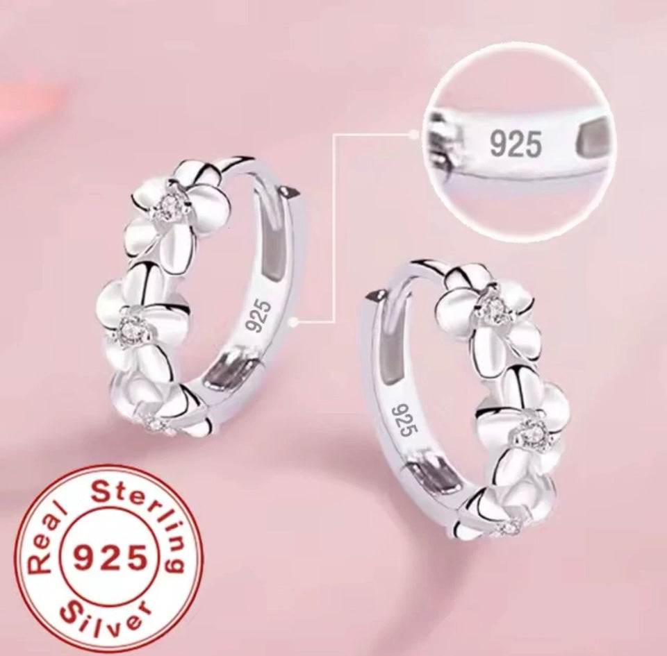 Fine Jewelry 925 Sterling Silver Flower Hoop Earrings