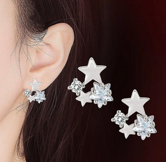 925 Sterling Silver Multi-Star Sparkle Crystal CZ Stud Earrings