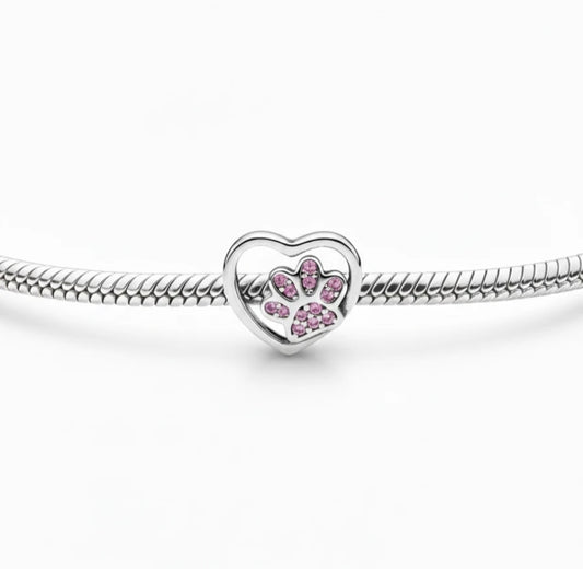 Pink paw print heart charm S925 sliver