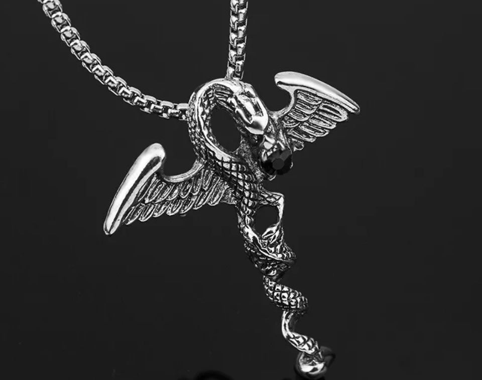 Snake Wings Angel Necklace Chain Titanium Silver Pendant Gothic Style Jewellery