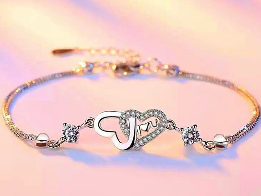 925 Sterling Silver Crystal Double Love Heart Charm Bracelet white