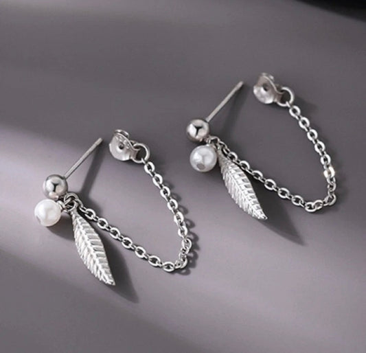 925 Sterling Silver Pearl Feather Drop Earrings
