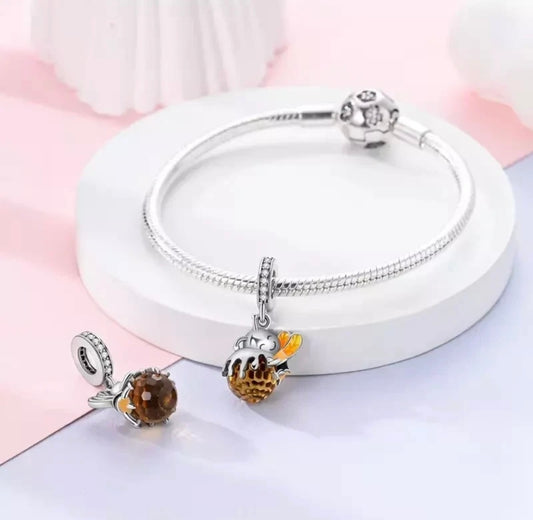 Bumble Bee Honeycomb Dangle Charm Bead 925 Sterling Silver