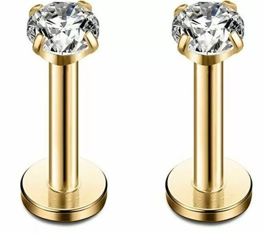 Pair Piercing Labret Monroe Lip/body CZ Tragus Cartilage Helix Upper Stud length 6mm gold