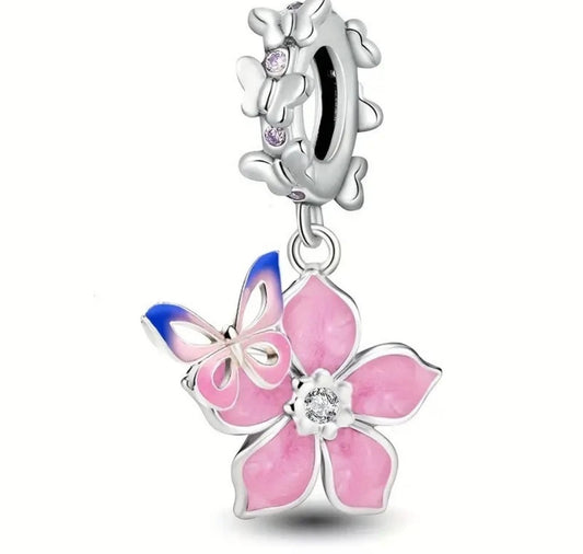 Butterfly & Cherry Blossom Charm For Bracelets S925 Sterling Silver