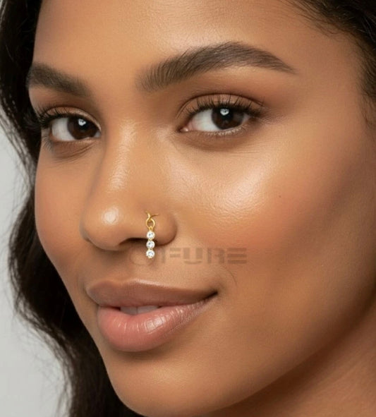 Gold Sterling Silver Dangling Nose Ring with 3 Clear Stones | Hypoallergenic