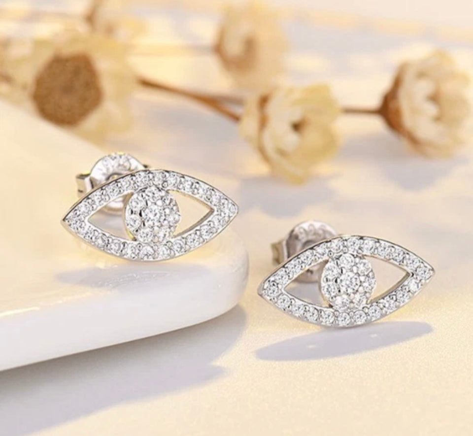 925 Sterling Silver Full CZ Crystal Eyes Stud Earrings