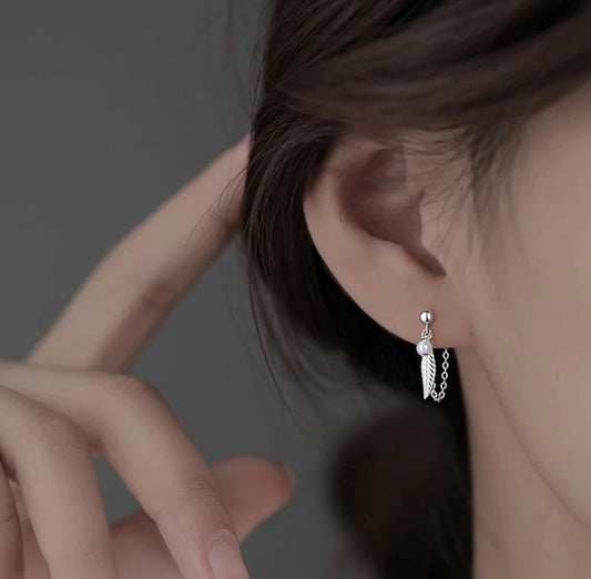 925 Sterling Silver Pearl Feather Drop Earrings