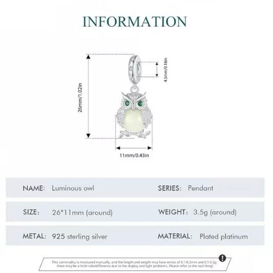 Glowing Owl Charm For European Bracelets S925 Sterling Silver