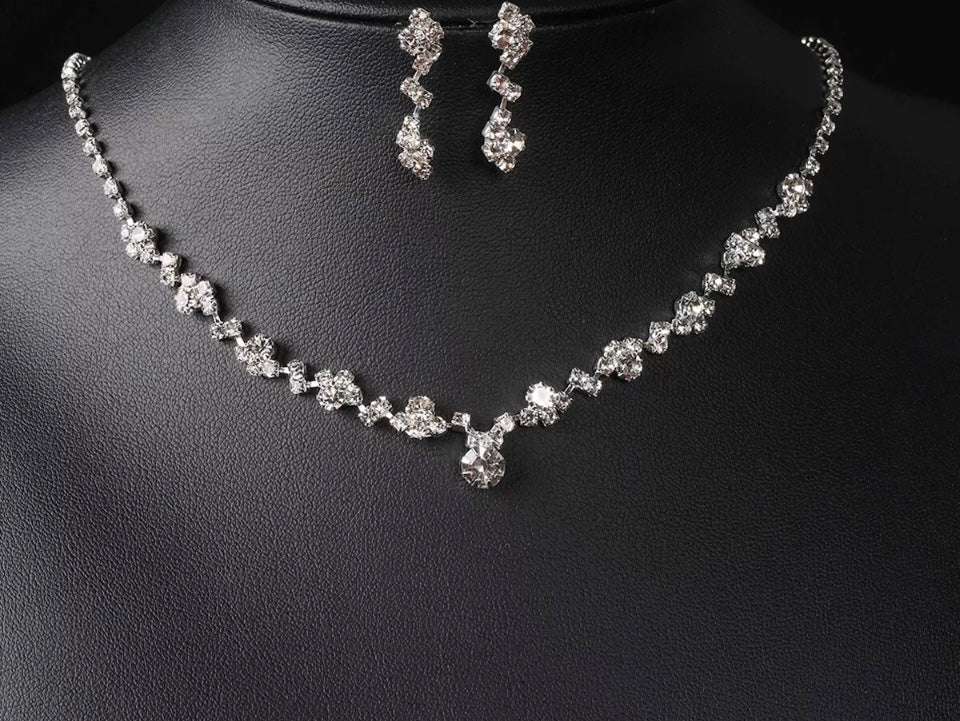 Silver Set Rhinestone Wedding Crystal Necklace Earrings Drop Dangle set