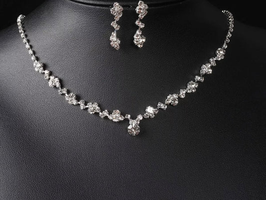 Silver Set Rhinestone Wedding Crystal Necklace Earrings Drop Dangle set