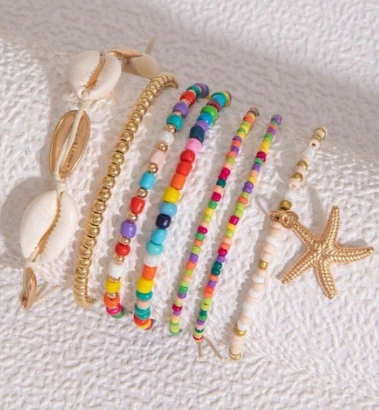 7pcs Fashion Jewellery Boho Shell Starfish Bead Pearl Bracelet Set