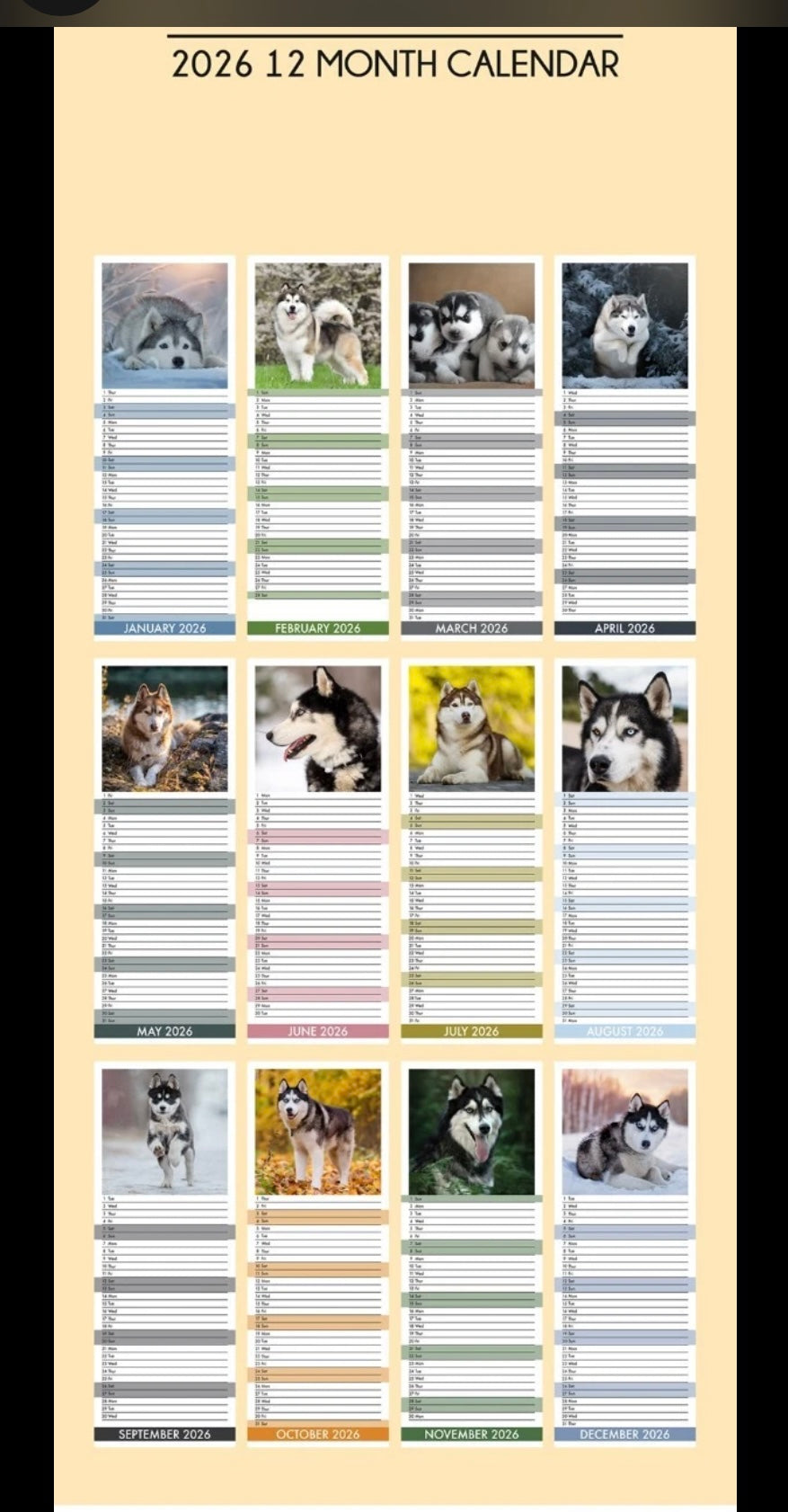 Siberian Husky Dog Breed 2026 Slim Calendar 42cm x 15cm