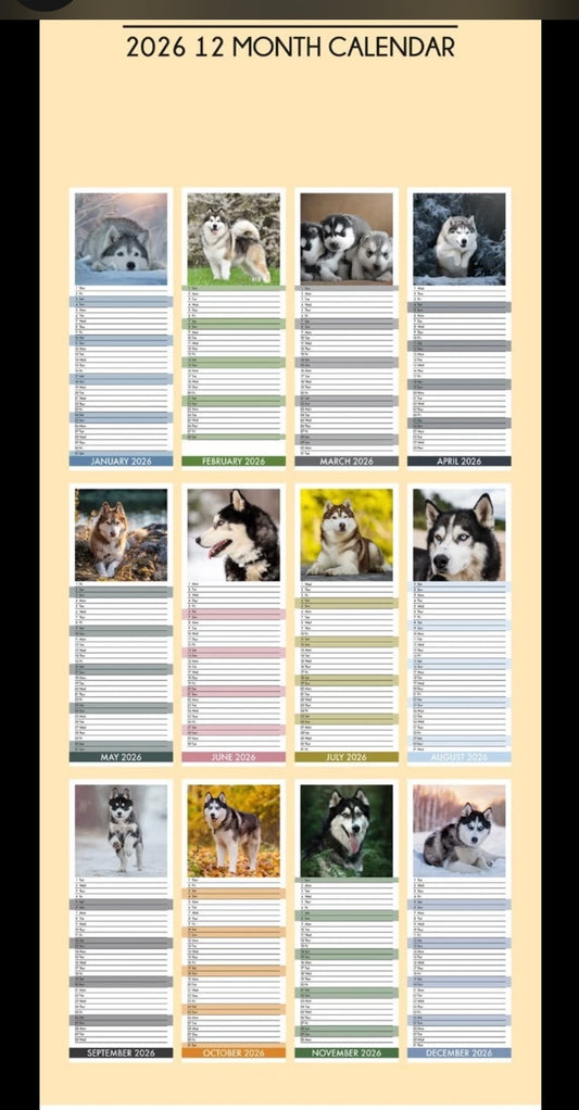 Siberian Husky Dog Breed 2026 Slim Calendar 42cm x 15cm