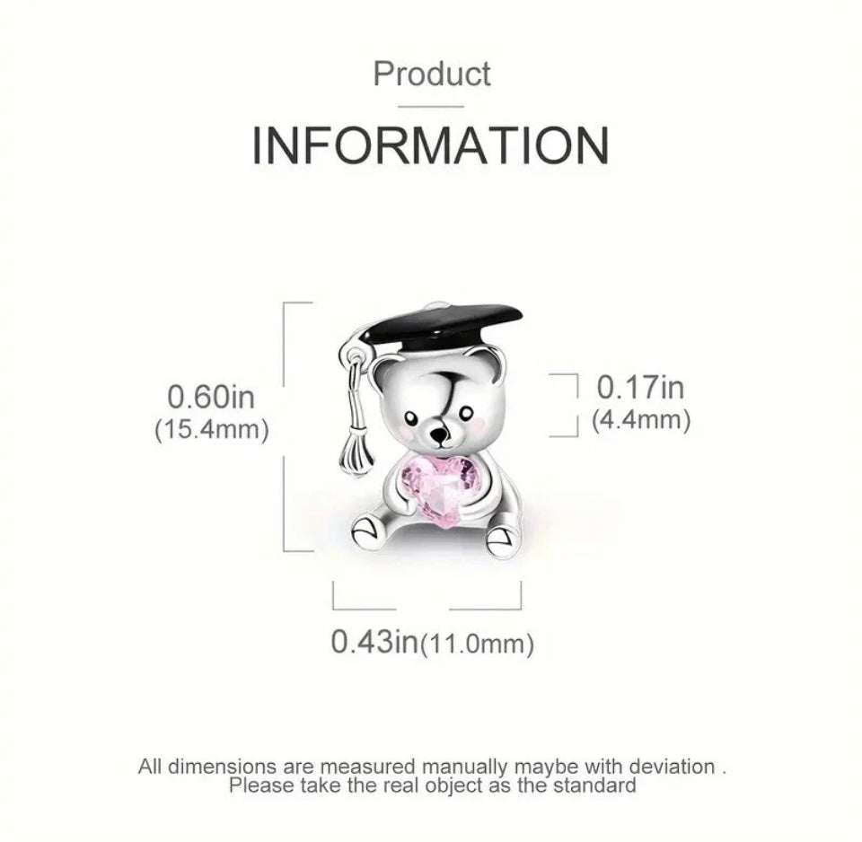 Graduation Bear & Pink Heart Charm For European Bracelets S925 Sterling Silver