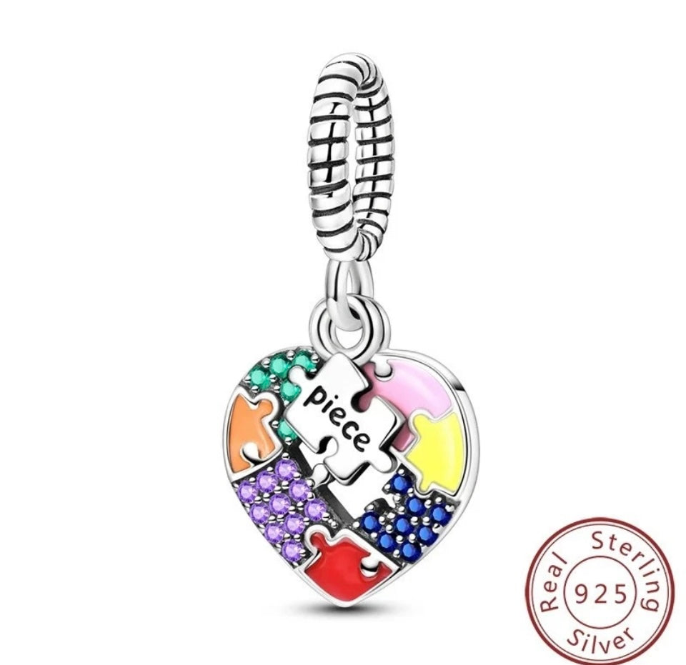Colorful Puzzle Heart Dangle Charm For Bracelets S925 Sterling Silver