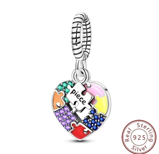 Colorful Puzzle Heart Dangle Charm For Bracelets S925 Sterling Silver