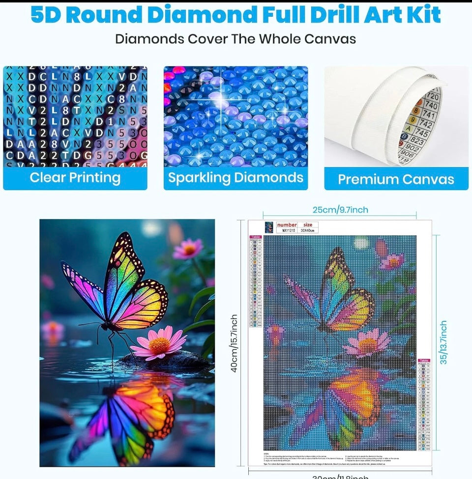 GHHKUD Butterfly Flowers Diamond Painting Kits for Adults, 5D DIY Full Drill