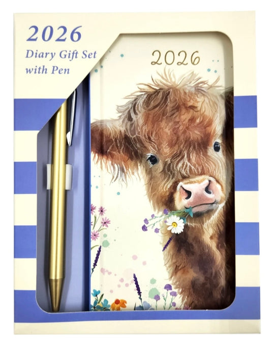 2026 Diary & Pen Slim Size Week to View Diaries Full Year Planner Gift Set Boxed Highland Coo