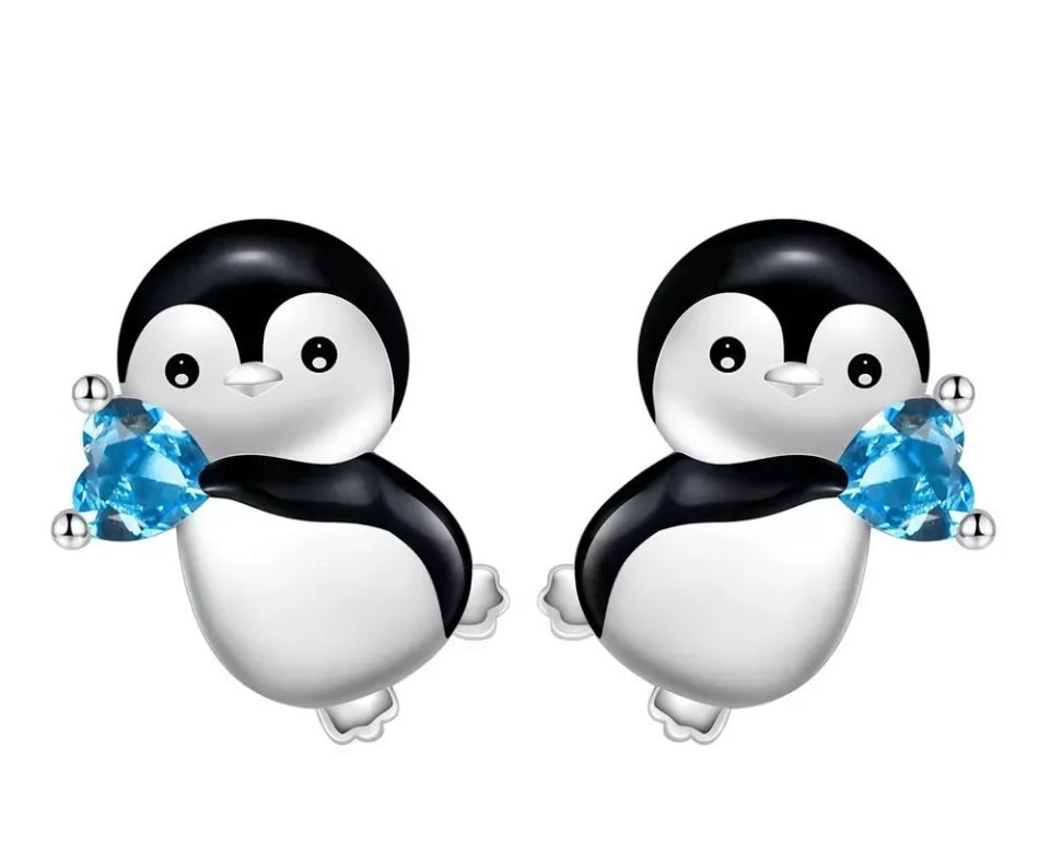 Cute Silver Baby Penguin Stud Earrings, Cubic Zirconia Heart Gem