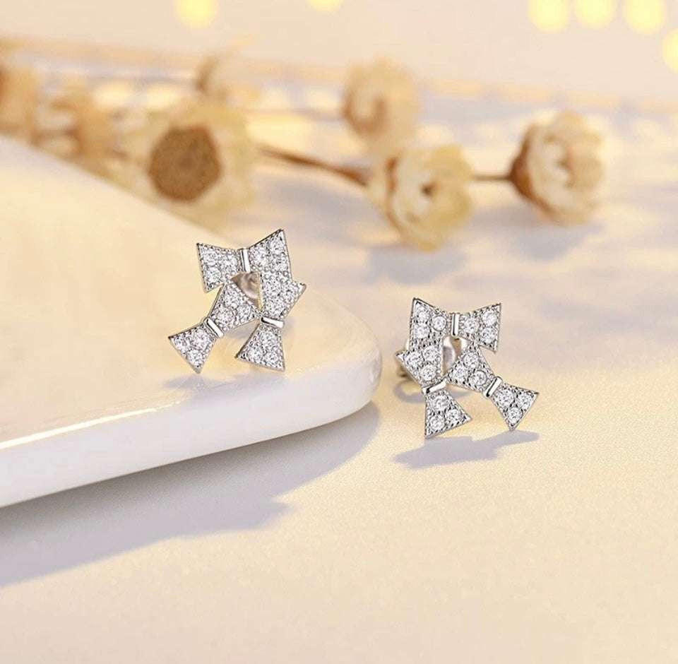 925 Sterling Silver 3 Bow Tie Knot CZ Crystal Stud Earrings