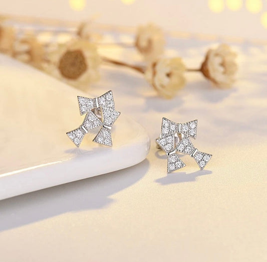 925 Sterling Silver 3 Bow Tie Knot CZ Crystal Stud Earrings