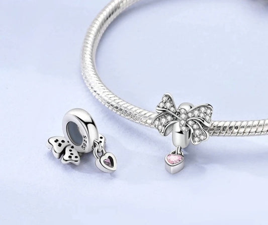 Pink Heart Bow Bead Charm For Bracelets S925 Sterling Silver