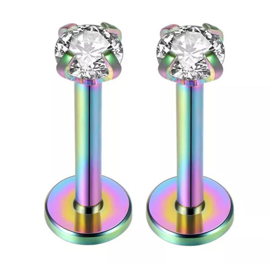 Pair Piercing Labret Monroe Lip/body CZ Tragus Cartilage Helix Upper Stud length 6mm rainbow