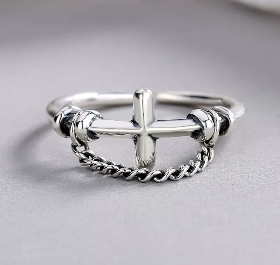 Vintage Cross Line Adjustable Silver Ring Women Jewellery Xmas Gift
