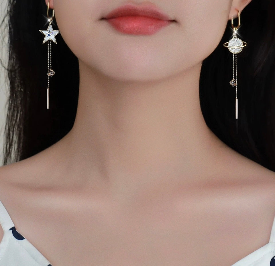 925 Sterling Silver Gold Star Planet Asymmetric Crystal Stud Earrings Gift