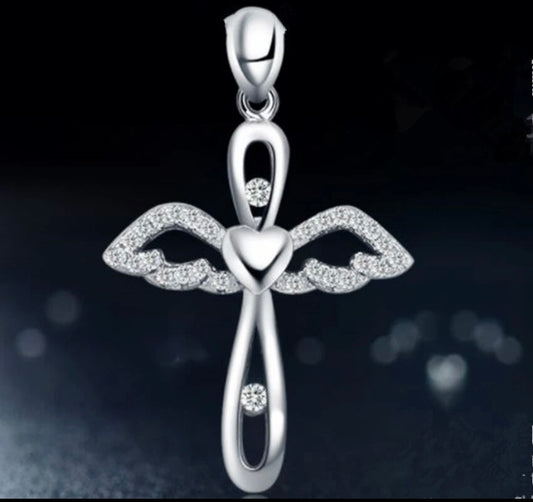 Angel Cross Pendant Silver Chain Necklace
