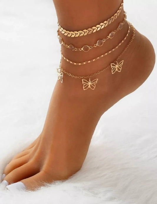 4pc/Set Boho Fashion Jewelry Heart Butterfly Chain Anklet Bracelet