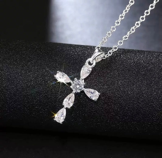 Cross Waterdrop Stone Silver Pendant Chain Necklace