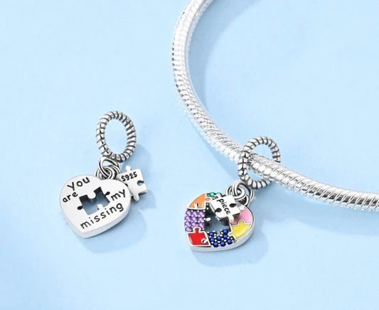 Colorful Puzzle Heart Dangle Charm For Bracelets S925 Sterling Silver
