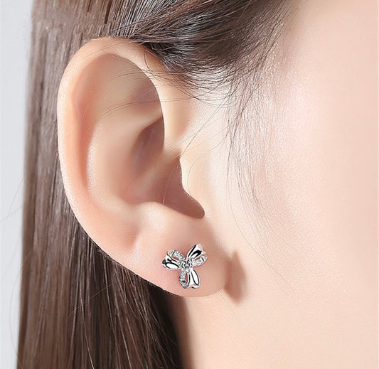 925 Sterling Silver 3 Leaf Clover CZ Gems Stud Earrings