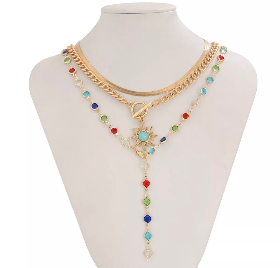 3 in 1 Necklace Multi Layer Sun Crystal Chain Choker Charm Pendant