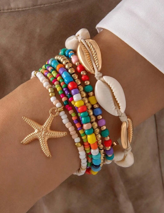 7pcs Fashion Jewellery Boho Shell Starfish Bead Pearl Bracelet Set