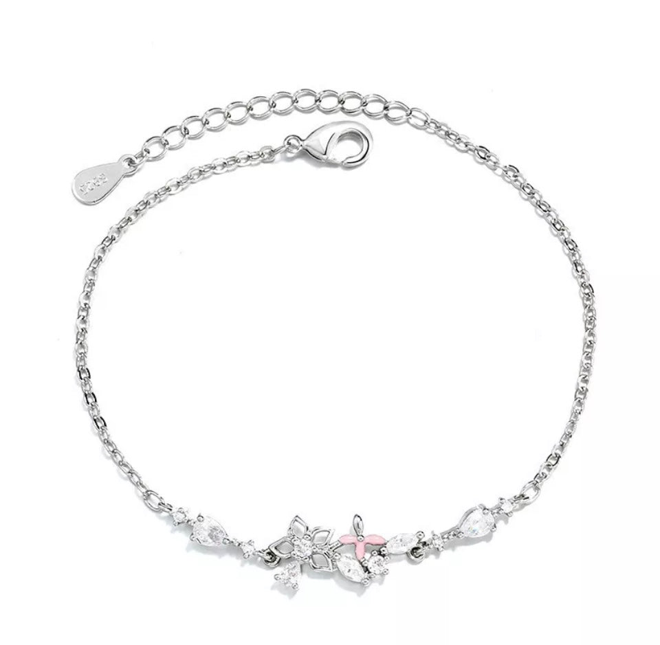 Silver Chains Pink Flower Crystals Bracelet