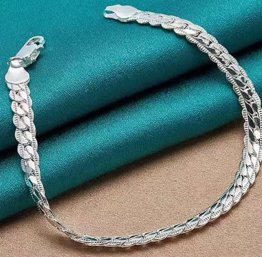 Mens Fashion Jewellery 925 Sterling Silver Flat Chain Charm Bracelet 20cm
